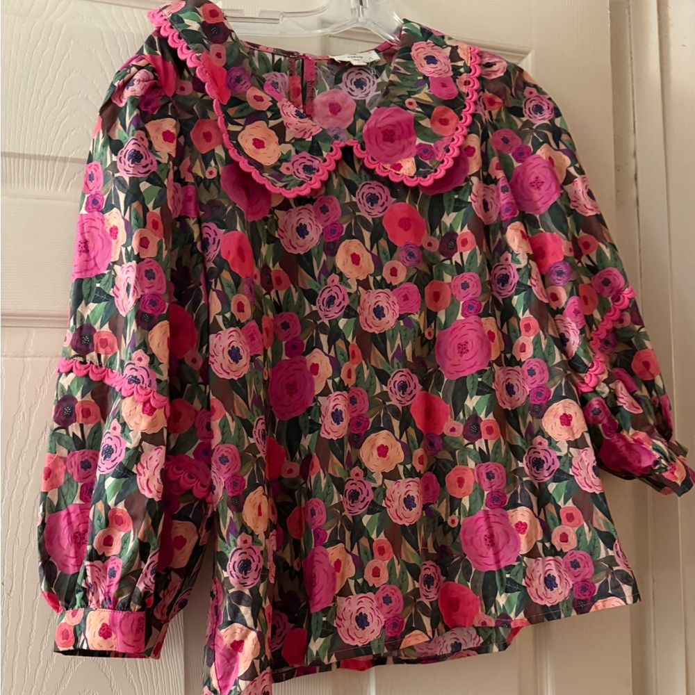 Entro Pink and Green Floral Blouse with Ruffle Detail